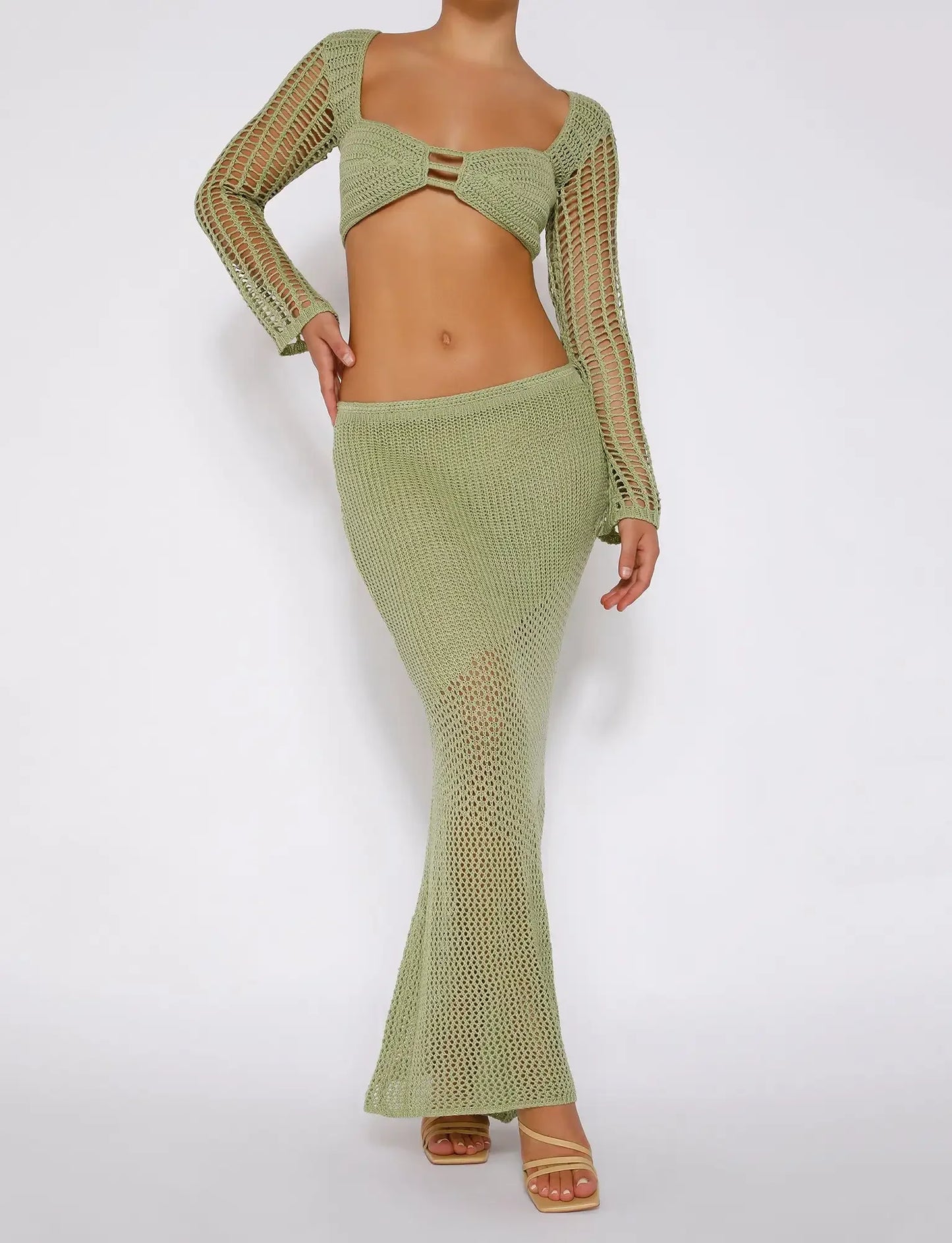 Eden set, a knitted mesh skirt and blouse in a hollow design,