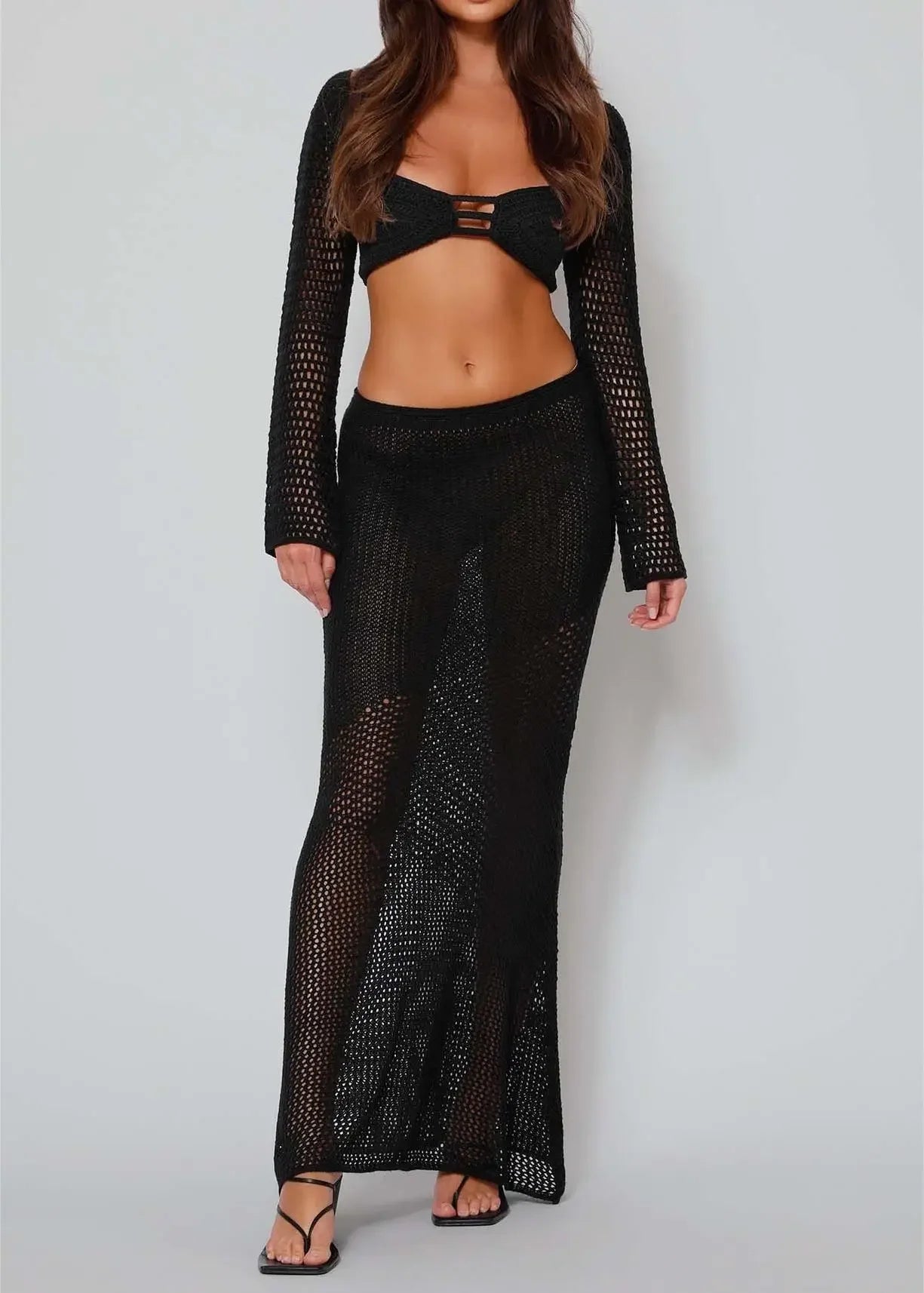 Eden set, a knitted mesh skirt and blouse in a hollow design,