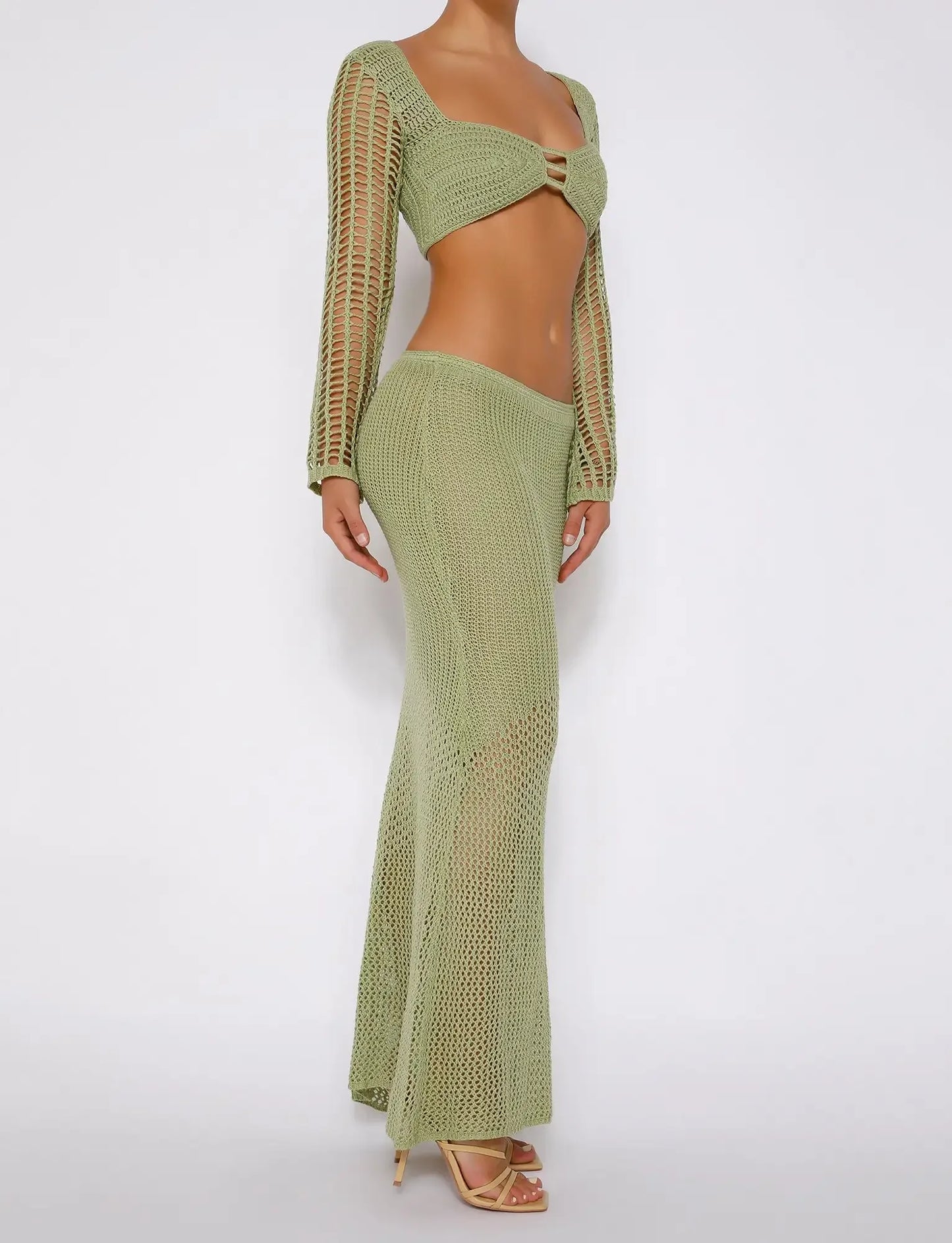 Eden set, a knitted mesh skirt and blouse in a hollow design,