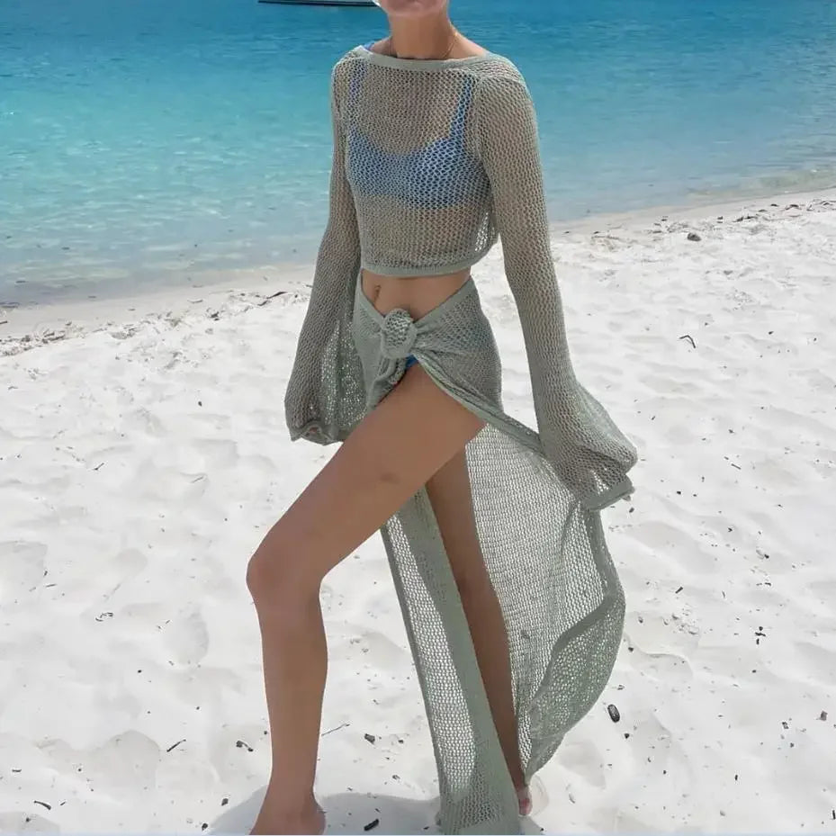 Women's knitted bikini cover-up set - long-sleeved top + matching skirt